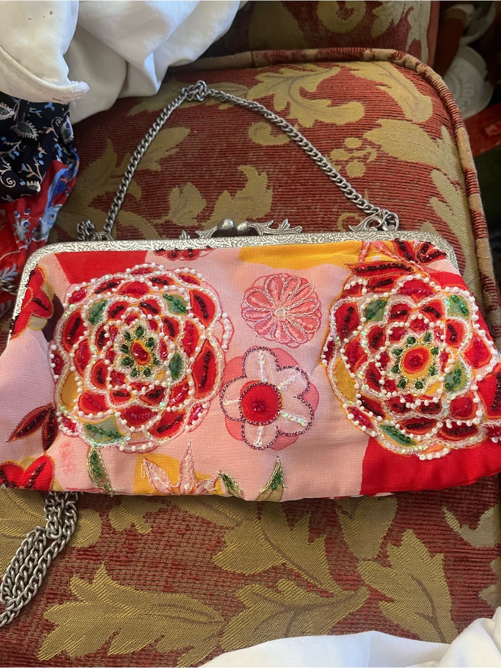 Christina Embellished Floral Clutch in Pink and Red with Silver Chain